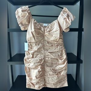 ASTR Ruched Puff Sleeve Dress in Blush/Beige